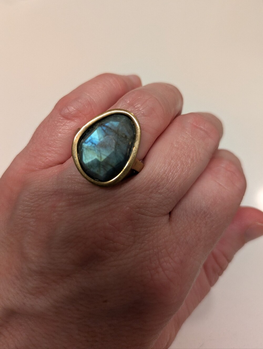 Brass Ring with Blue-Green Labradorite Stone - Women Jewelry